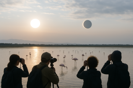 eclipse solar y flamencos